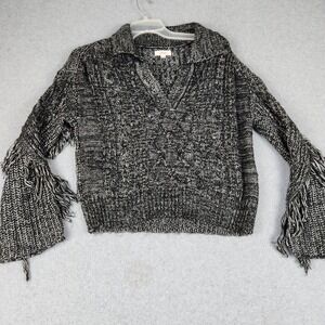 Elan Sweater Womens Small Black White Cable Knit Fringe‎ Boho Collared V-Neck